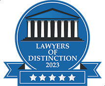 A blue badge that says Lawyers of Distinction 2023.